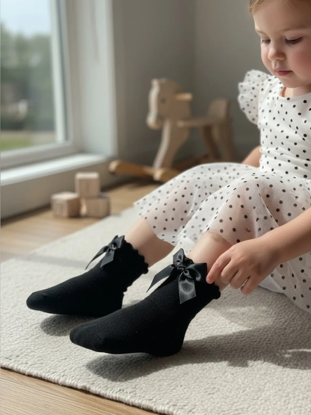 Black Bow Trim Kids Socks - Cute Ruffle Anklet